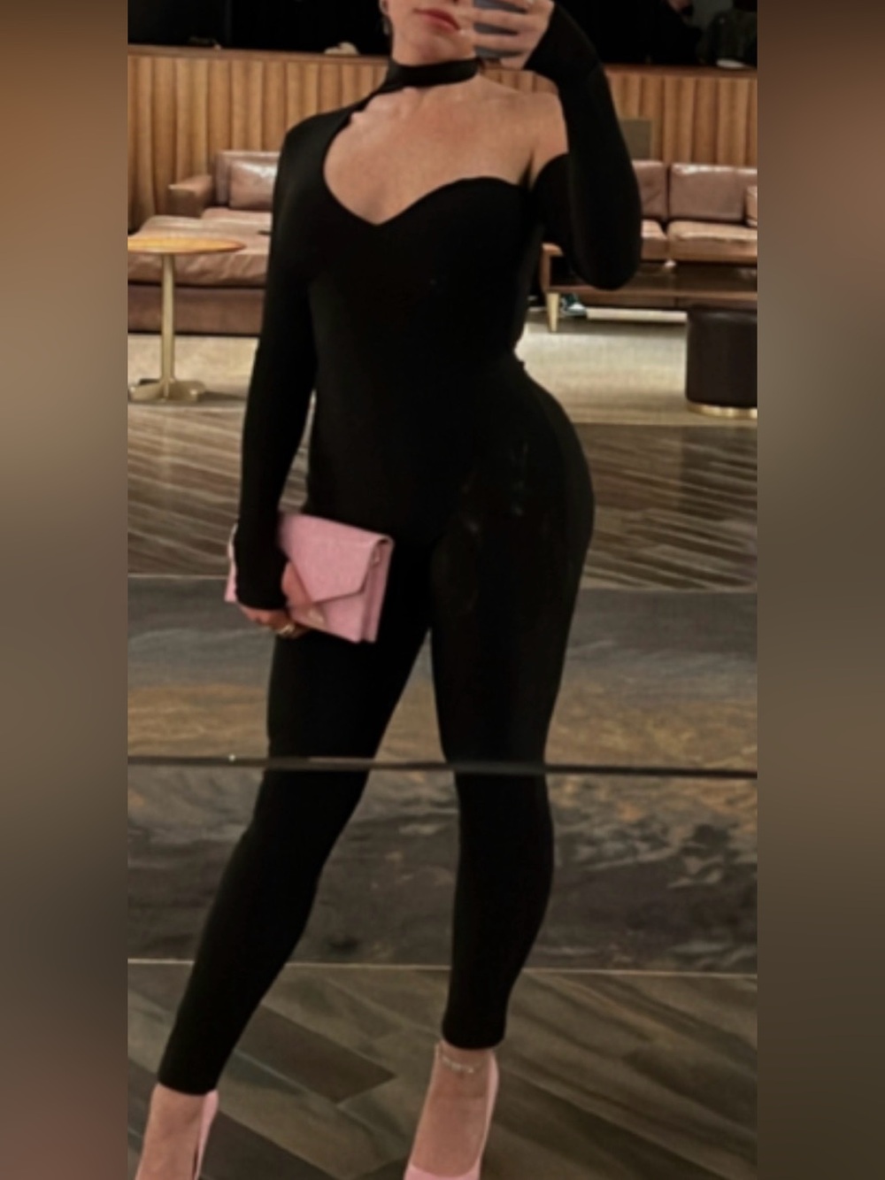 Pretty little thing Black One-Shoulder Long-Sleeve Jumpsuit set. Size 4